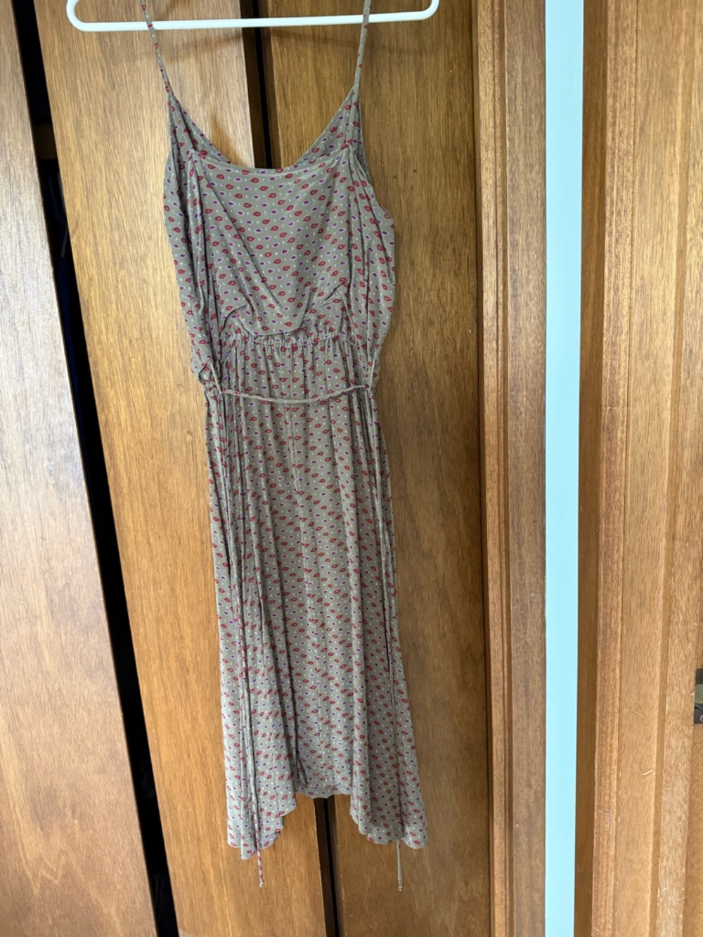 Michelle Stuart Taupe Spaghetti-Strap Midi Dress Silk removable belt